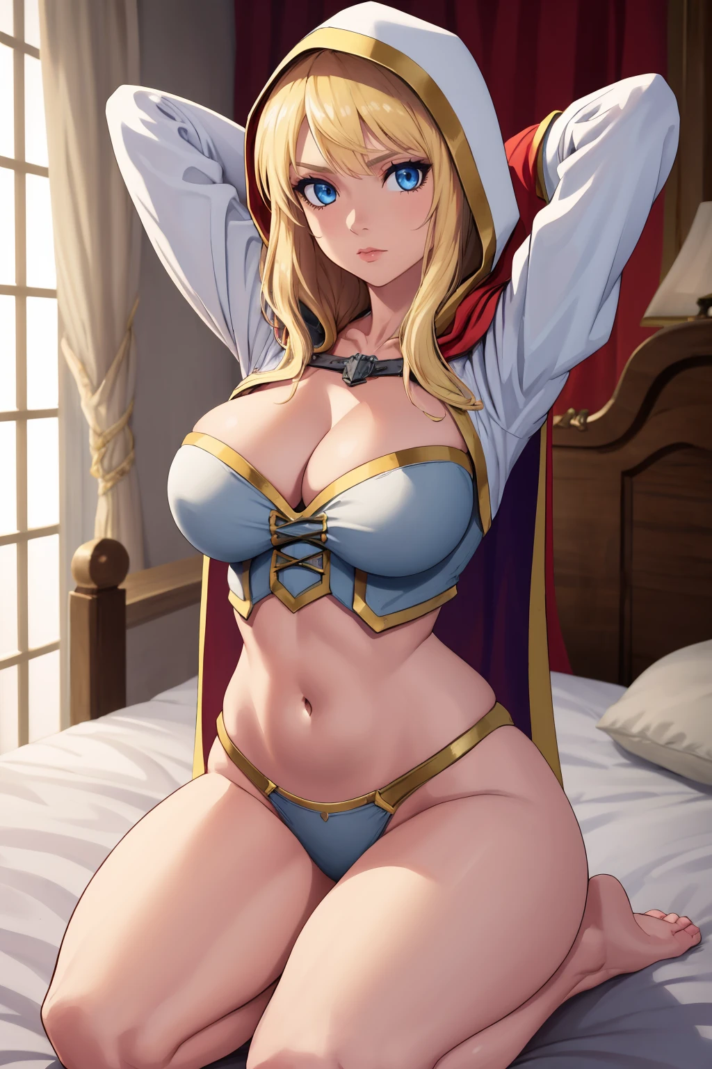 masterpiece, best quality, 1girl, solo, standing, <lora:jainaproudmoore-wow-richy-v1:1> jainapre, blonde hair, sitting, seiza, arms behind head, thighs, capelet, hood, navel, midriff, cleavage, large breasts, bursting breasts, bedroom, bed, panties, armor
