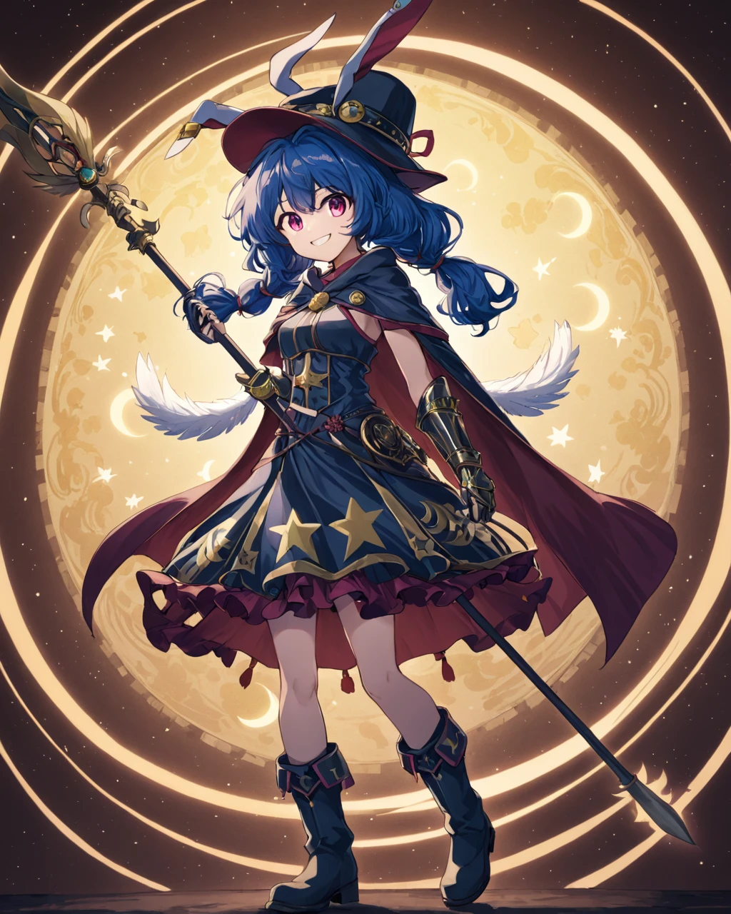 seiran \(touhou\),1girl, solo, hat, grin, gauntlets, alternate_costume, crescent_print, cape, teeth, pauldrons, star_print, boots, hat_feather, holding_sword
<lora:seiran_(touhou)_image1670_2023-12-20-000010:1>,star-shaped_pupils,symbol-shaped_pupils,. gorgeous,key visual, vibrant, studio anime,award-winning, professional, highly detailed,high budget, cinemascope