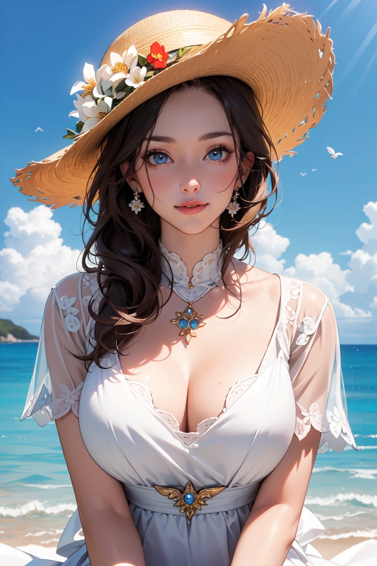 ((masterpiece, best quality)), (((masterpiece, best_quality, highest quality))), (perfect detail, perfect skin:1.2),(highres), original,extremely detailed 8K wallpaper,(an extremely delicate and beautiful),incredibly_absurdres, intricate detail, distinct_image,extremely intricate,(detailed skin:1.3) , best quality:1.2, High definition, intricate details, finely detailed, beautiful detailed, high detailed skin, ((glossy skin)), shiny skin, (white skin:1.3), (pale skin:1.3),(natural light, ray tracing, volumetric light), (top quality), (golden-ratio face, perfect proportioned face, perfectly beautiful:1.3), (reflected diffuse light to face:1.3), (peer proportional face), (peer proportional body, proportional awesome body:1.3), parted lips, ((presenting)), (perfect anatomy, correct limb, correct finger), ((looking at viewer, eye contact)),((eye contact)), 1girl, outdoors, solo, flower, blue eyes, long hair, looking at viewer, long dressï¼hat, ocean, dress, sitting, white flower, sky, bug, hat flower, day, bangs, butterfly, water, long sleeves, blue sky, rock, cloud, orange dress, blonde hair, horizon, orange headwear, hair ornament, closed mouth, smile, hair flower, short sleeves, looking to the side, bird, scenery, mountainous horizon, red headwear, white dress