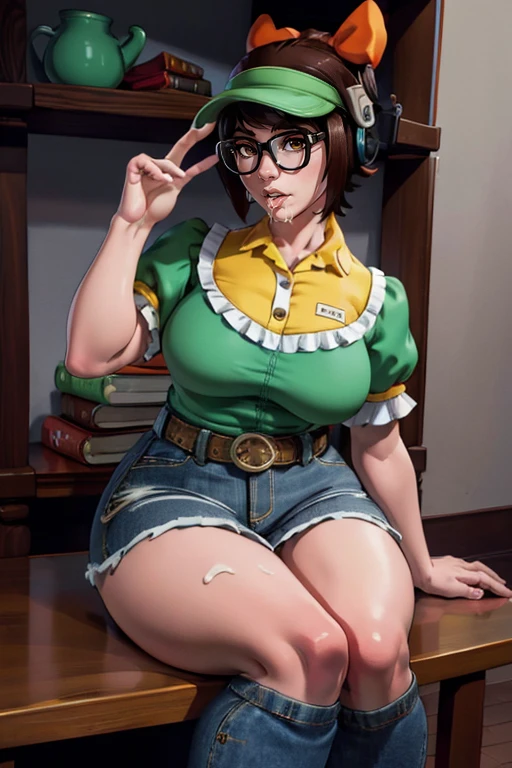 masterpiece,best quality,extreme detail,8k,image sharpness,<lora:mei-10:0.8>,mei2,1girl,solo,breasts,looking at viewer,short hair,bangs,skirt,large breasts,brown hair,bow,brown eyes,sitting,short sleeves,hair bow,frills,glasses,cum,official alternate costume,lips,headphones,denim,black-framed eyewear,orange bow,nose,green headwear,visor cap,round eyewear,after fellatio,