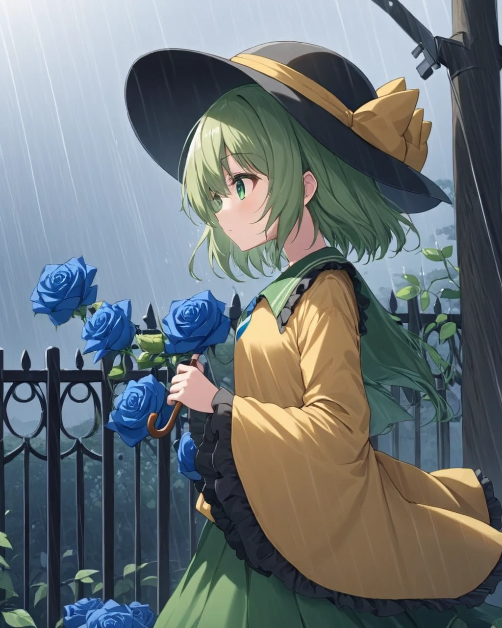 komeiji koishi,1girl, solo, rain, blue_rose, third_eye, long_sleeves, holding_umbrella, wide_sleeves, yellow_shirt, black_headwear, red_rose, hat_ribbon, from_side, blouse, frilled_sleeves, fence, hat_flower, outdoors, parted_lips, standing, cowboy_shot, green_skirt, expressionless, bush, grey_sky, bow, looking_to_the_side
<lora:komeiji_koishi_image10724_2023-12-20-000004:1>,star-shaped_pupils,symbol-shaped_pupils,. gorgeous,key visual, vibrant, studio anime,award-winning, professional, highly detailed,high budget, cinemascope