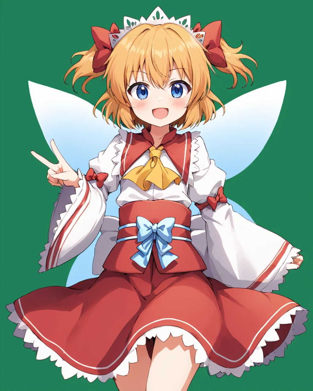 sunny milk,1girl, solo, fairy_wings, long_sleeves, wide_sleeves, looking_at_viewer, two_side_up, simple_background, sash, index_finger_raised, headdress, smile, yellow_ascot, hair_bow, dress, twintails, green_background, blush, red_skirt, open_mouth, red_bow, fairy, ribbon
<lora:sunny_milk_image988_2023-12-20:1>,star-shaped_pupils,symbol-shaped_pupils,. gorgeous,key visual, vibrant, studio anime,award-winning, professional, highly detailed,high budget, cinemascope