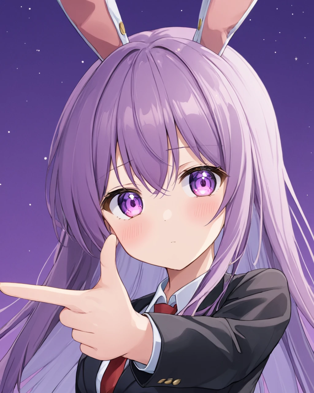 reisen udongein inaba,1girl, solo, red_necktie, looking_at_viewer, upper_body, long_sleeves, blush, blazer, white_shirt, finger_gun, black_jacket, collared_shirt, buttons, purple_background
<lora:reisen_udongein_inaba_image7606_2023-12-20-000006:1>,star-shaped_pupils,symbol-shaped_pupils,. gorgeous,key visual, vibrant, studio anime,award-winning, professional, highly detailed,high budget, cinemascope