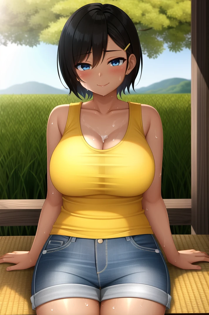 (masterpiece), high quality, (detailed background:1.3), 1girl, solo,
<lora:Summer-v2-07:0.8>, ChopioSummer, black hair, short hair, blue eyes, (dark-skinned female:1.2), (looking at viewer:1.3),
large breasts, plump,
outfit_1, (yellow tank top:1.3), denim shorts, shirt tucked in, short shorts, frayed clothes, 
porch, outdoors, shade, sunny, sitting, sunny, grass, glass of water, ice cube, water drop, condensation, sweat, sweatdrop, <lora:sweat_lotion_v2:0.2>, japanese countryside, rice field, seductive smile,