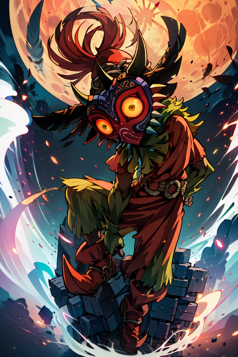 ((masterpiece,best quality)), absurdres,
<lora:Majora_Zelda:0.8>, Majora_Zelda, solo, 1boy, mask, horns, glowing eyes,
looking at viewer, full body, sky, belt, no humans, night, moon, feathers, red footwear, glowing eyes, full moon
head tilt, upside down,