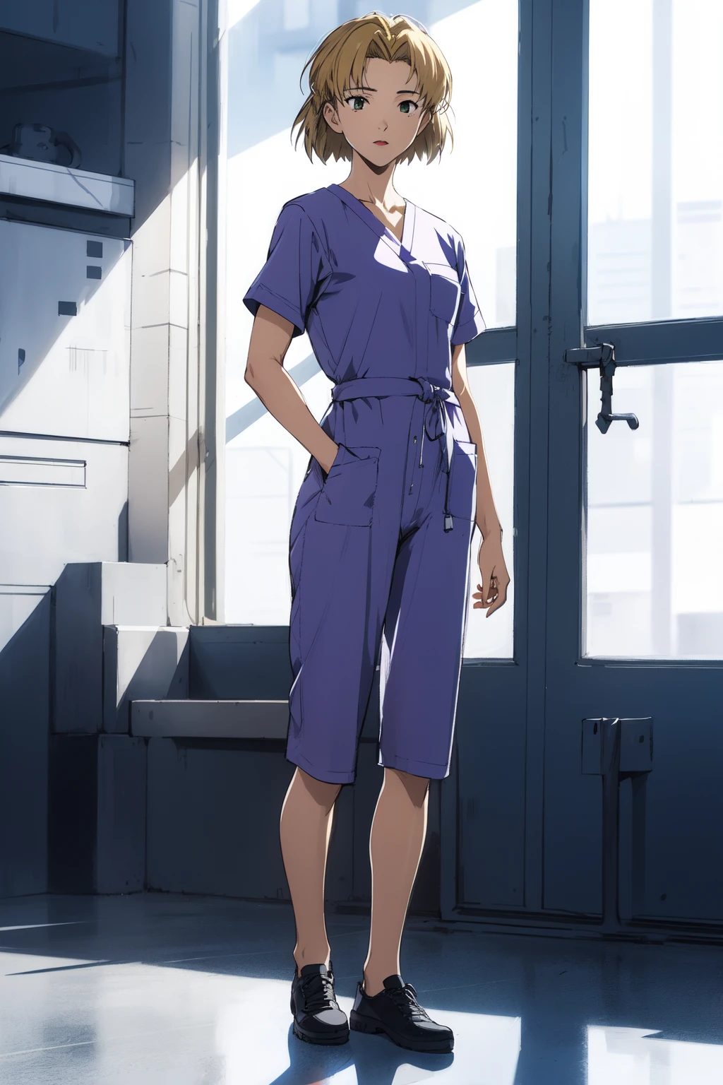 (RAW photo, best quality), 1girl,  natural lighting,
 <lora:evangelion_ritsuko_akagi_v2_2:0.8> ritsuko akagi, full body, eva anime style, 
nurse scrubs,