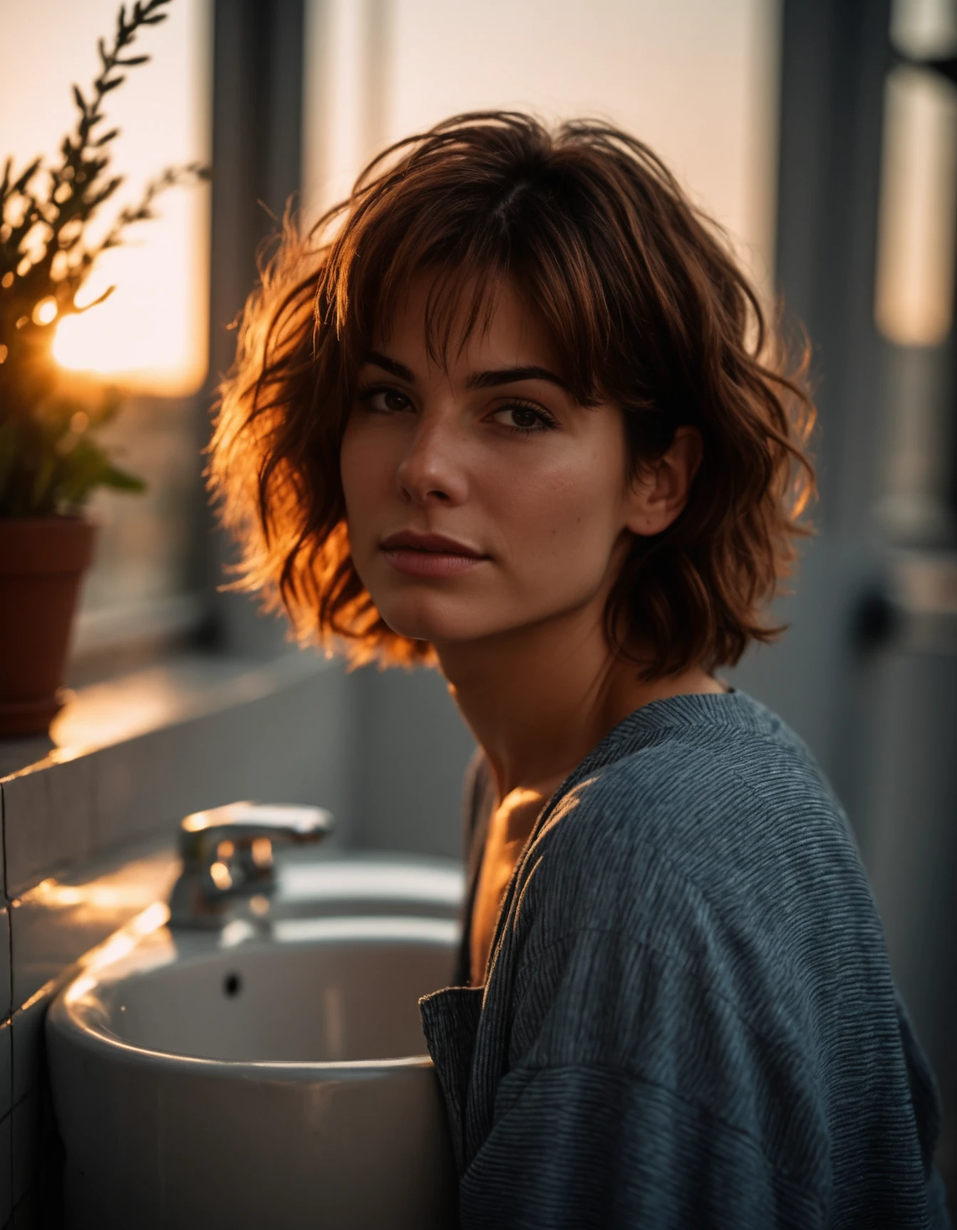 cinematic photo professional close-up portrait photography of the face of a beautiful (((ohwx woman))) at indoor toilet during Golden Hour, Nikon Z9 <lora:bullock_dh128_v1-step00008000:1.1> . 35mm photograph, film, bokeh, professional, 4k, highly detailed