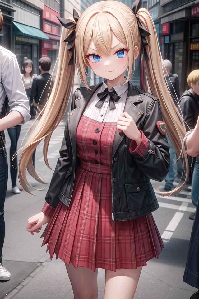 insanely detailed, absurdres, ultra-highres, ultra-detailed, best quality,
1girl, solo, nice hands, perfect hands,
BREAK
lanky,gothic dress,nylon clothes,denim dress,saddle jacket,red tartan-check pleated skirt
BREAK
(smirking, evil smile:1.2), closed mouth, (:3:1.3), v-shaped eyebrows, standing
BREAK
slender, kawaii, perfect symmetrical face, ultra cute girl, ultra cute face, ultra detailed eyes, ultra detailed hair, ultra cute, ultra beautiful,
BREAK
in harajuku, shibuya, tokyo, street, crowd, cityscape,
BREAK
medium large breasts,
blonde hair, blue eyes, twintails