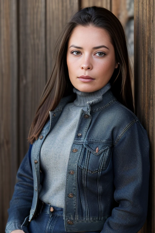 (RAW, analogue, Nikon Z 14mm ultra-wide angle lens, award-winning glamour photograph, ((best quality)), ((masterpiece)), ((realistic)), skin pores, subsurface scattering, radiant light rays, high-res, detailed facial features, high detail, sharp focus, smooth, aesthetic, extremely detailed, (extremely detailed eyes, extremely detailed iris), extremely detailed hair, extremely detailed skin, extremely detailed clothes, octane render, photorealistic, realistic, post-processing, max detail, realistic shadows, roughness, natural skin texture, real life, ultra-realistic, photorealism, photography, 8k UHD, photography, hdr, intricate, elegant, highly detailed, sharp focus, stunning, beautiful, gorgeous), (photorealistic), (realistic), h011ym4ri3c0mb5, full body, brown hair, brown eyes, (denim jacket:1.3), (black turtleneck sweater:1.1), jeans, lips, outdoors, on a ranch, leaning on a wooden post, looking at viewer, upper body, morning, bright, <lora:Holly_Marie_Combs_PMv1_Lora:1.3>,