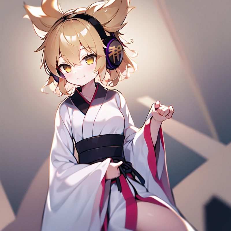 1girl, solo, masterpiece, best quality, illustration, absurdres, cute, film_grain, extremely detailed face, perfect lighting, smile, cowboy shot, <lora:toyosatomimi_no_miko:0.8>, miko_taoist, toyosatomimi no miko, short hair, pointy hair, earmuffs, bangs, small breasts, blonde hair, brown hair, brown eyes, yellow eyes, yukata, kimono,