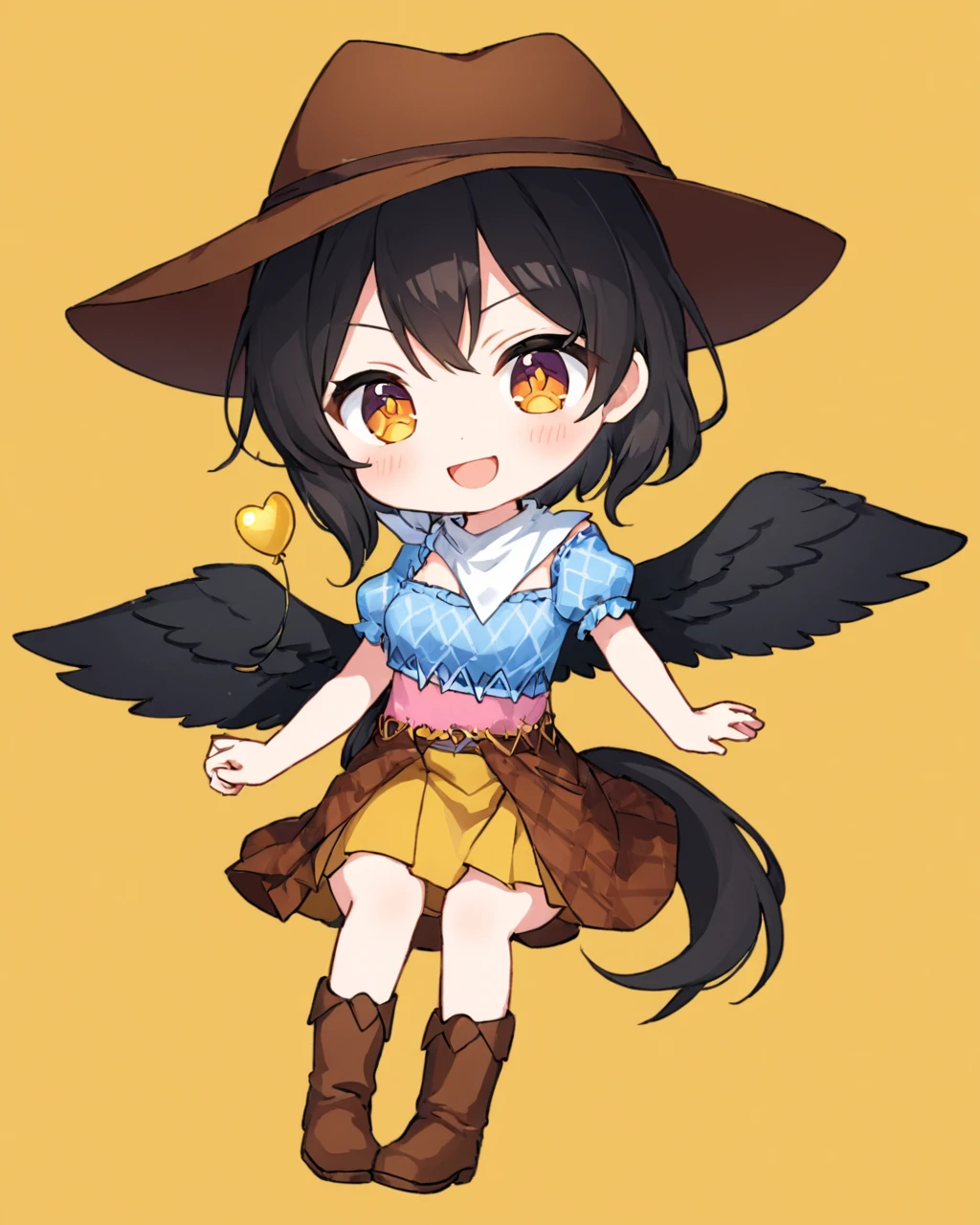 kurokoma saki,cowboy_hat, 1girl, solo, brown_headwear, brown_footwear, triangle_mouth, chibi, yellow_background, boots, open_mouth, simple_background, full_body, puffy_short_sleeves, smile, holding_balloon, black_wings, brown_skirt, blush, looking_at_viewer, multicolored_dress, sitting, horse_tail, blue_shirt, v-shaped_eyebrows, bandana
<lora:kurokoma_saki_image645_2023-12-20-000015:1>,star-shaped_pupils,symbol-shaped_pupils,. gorgeous,key visual, vibrant, studio anime,award-winning, professional, highly detailed,high budget, cinemascope