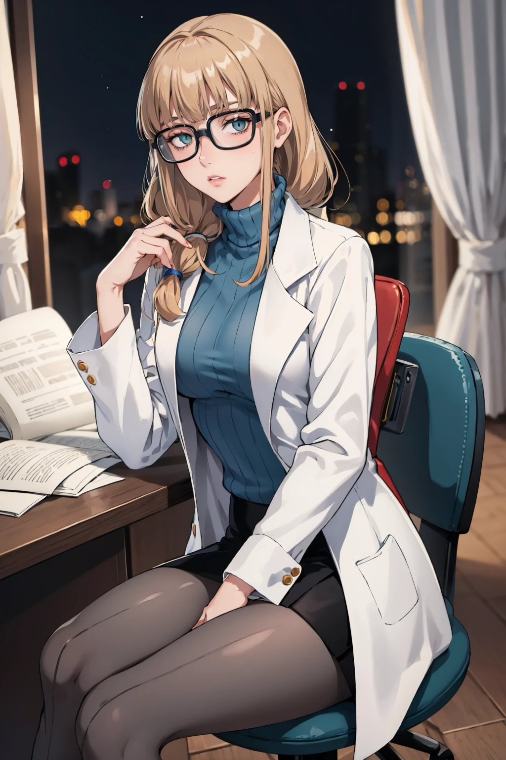 masterpiece, best quality, <lora:oleana-nvwls-v1-000010:0.9> pastOleana, medium hair, blunt bangs, tied hair, hair over shoulder, glasses, labcoat, blue turtleneck sweater, black miniskirt, pantyhose, long sleeves, large breasts, sitting, desk, chair, dimly lit room, night, dark, looking at viewer, paperwork