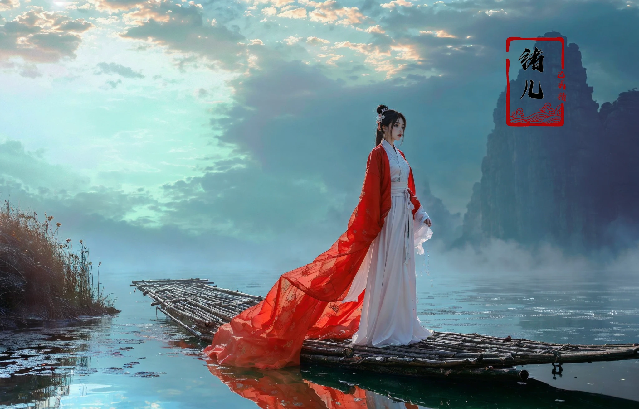 ((masterpiece))), (((best quality))), ((super detailed)), (highly detailed computer illustration), ((extremely delicate and beautiful)),  long raft with,
1girl, solo, black hair, outdoors, scenery, red hanfu, holding, chinese clothes, hair ornament, wide sleeves, cloud, standing, sky,
(Real waterRealistic waterflowing water:1.0)ripples
<lora:~Q?-z{O long raft with:0.8>