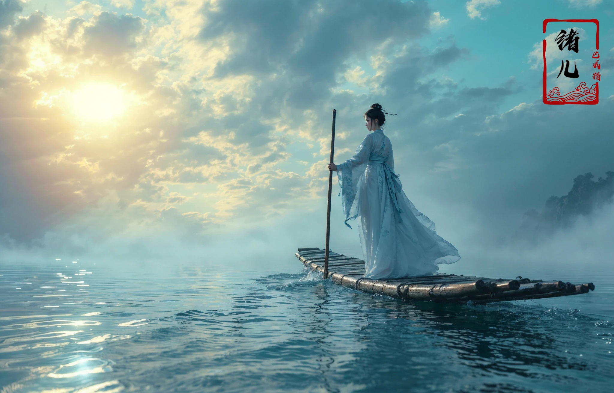 ((masterpiece))), (((best quality))), ((super detailed)), (highly detailed computer illustration), ((extremely delicate and beautiful)),  long raft with,
cloud, sky, solo, water, outdoors, 1girl, black hair, scenery, ocean, cloudy sky, holding, standing, chinese clothes, polearm, sun, robe, weapon, dress, day, reflection, sunlight,
(Real waterRealistic waterflowing water:1.0)ripples
<lora:~Q?-z{O long raft with:0.8>