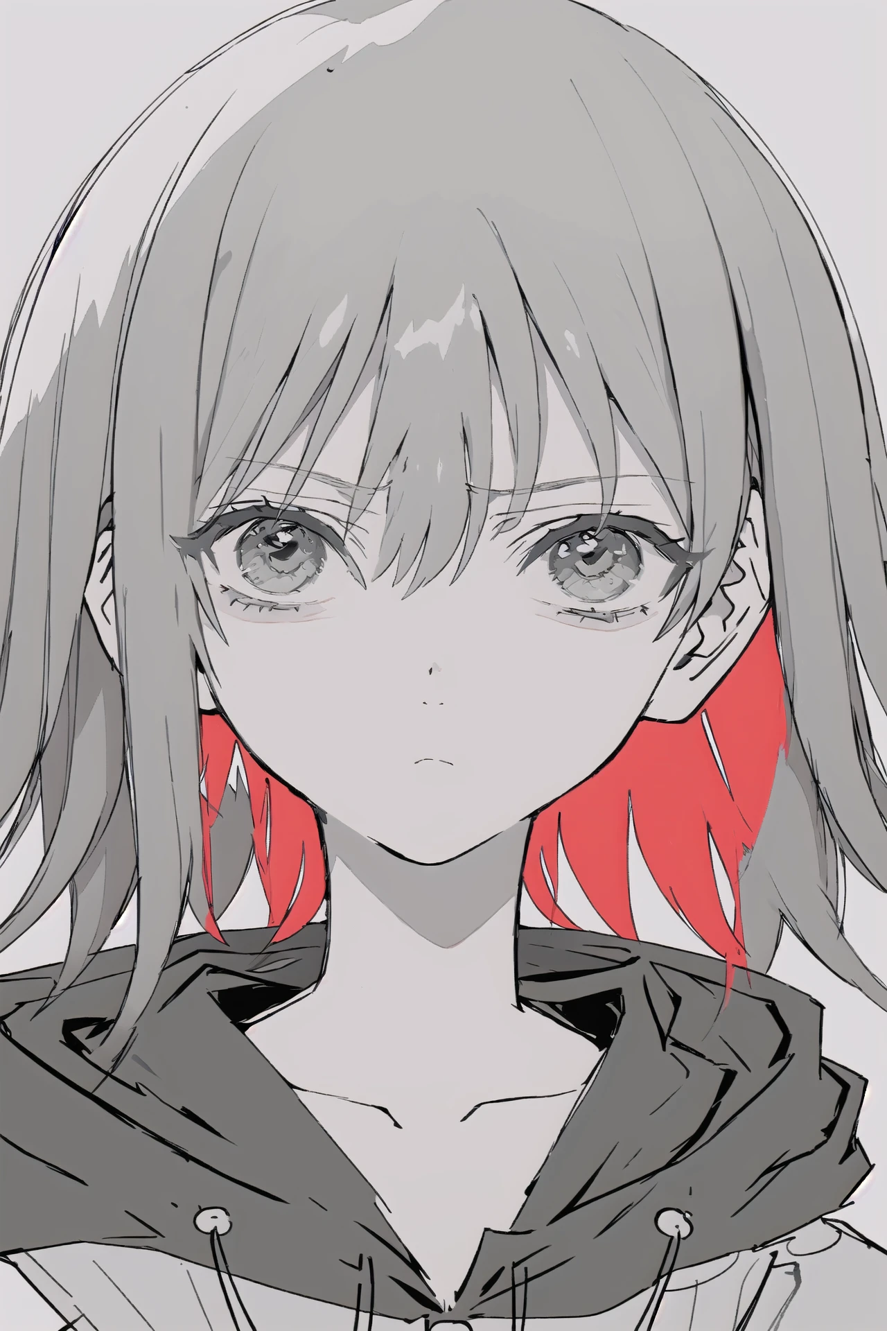 1girl, solo, hood, portrait, hoodie, bangs, looking at viewer, closed mouth, multicolored hair, simple background, short hair, monochrome, grey background, hair between eyes, frown, orange hair, collarbone, spot color, drawstring, red hair, close-up
<lora:hakuhiruoeoe-000056:1>