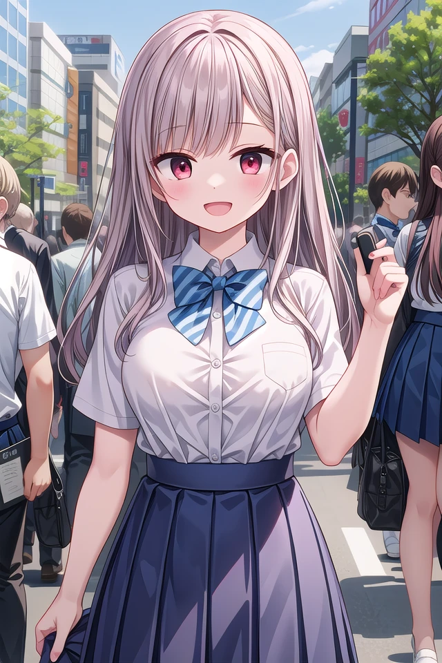 insanely detailed, absurdres, ultra-highres, ultra-detailed, best quality,
1girl, solo, nice hands, perfect hands
BREAK
summer school uniform with indigo blue bowtie, (short sleeves, dark blue skirt, pleated skirt:1.3), (indigo blue:1.3) bowtie, (white shirt:1.3), shirt with white button, (skirt with many pleats:1.4), plain shirt, plain skirt, (striped bowtie:1.3), shirt_tucked_in ,
BREAK
happy smile, laugh, open mouth, standing,
(45 angle:-1.5), (from side:-1.5),
cute pose, cowboy shot,
BREAK
slender, kawaii, perfect symmetrical face, ultra cute girl, ultra cute face, ultra detailed eyes, ultra detailed hair, ultra cute, ultra beautiful,
BREAK
in harajuku, shibuya, tokyo, street, crowd, cityscape,
BREAK
medium large breasts,
(grey hair, red eyes),