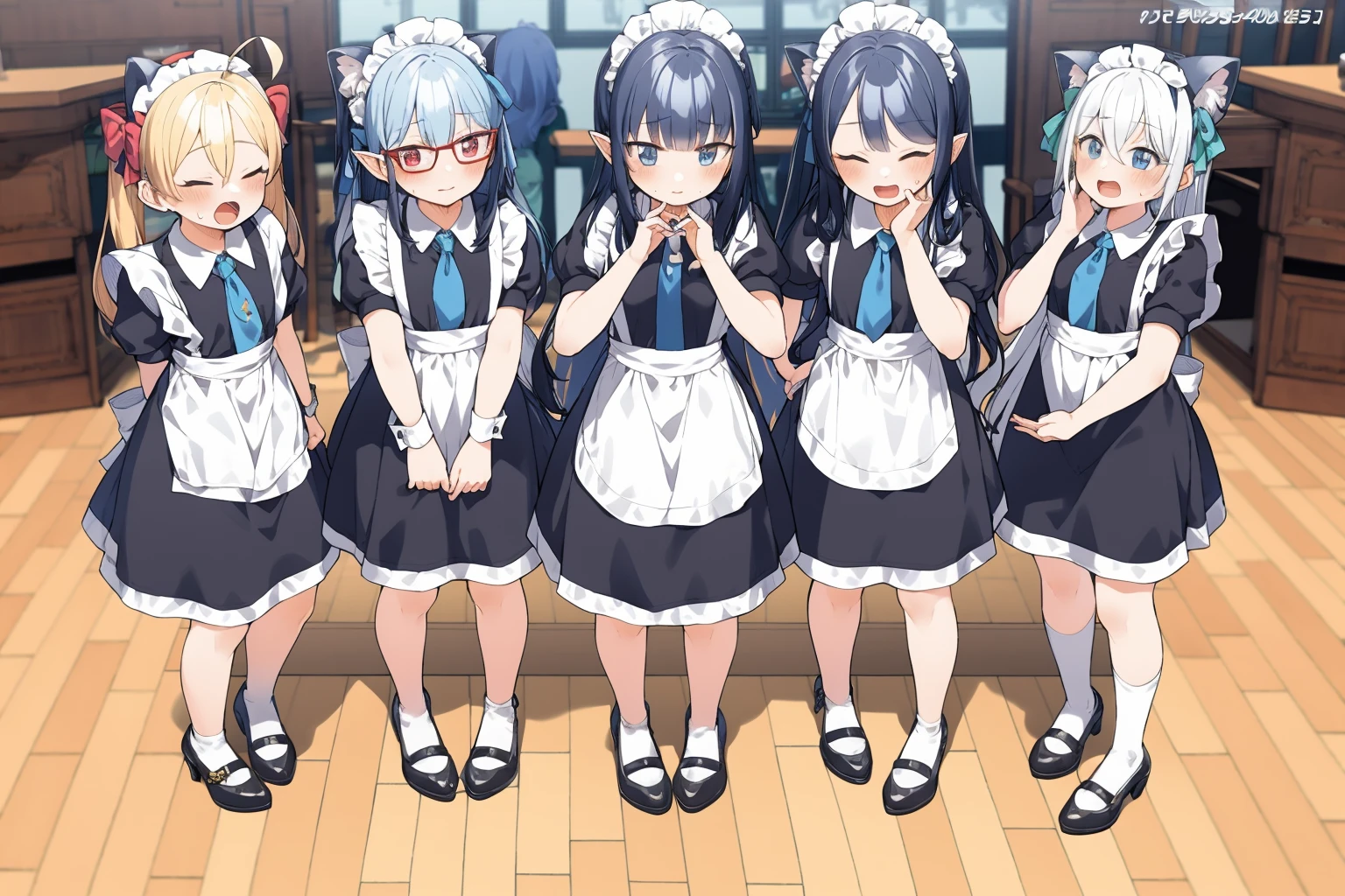 masterpiece, best quality,   <lora:style21:1>,
multiple girls, animal ears, halo, frills, shoes, grey hair, black hair, shiroko (blue archive), apron, nonomi (blue archive), long hair, black footwear, indoors, closed eyes, heart, pink hair, 5girls, tray, short sleeves, enmaided, maid, alternate costume, black dress, holding tray, blue necktie, frilled apron, extra ears, white apron, pantyhose, dress, holding, hoshino (blue archive), necktie, heart hands, standing, animal ear fluff, bow, glasses, pointy ears, blush, maid headdress, red eyes, bangs, blue eyes, red-framed eyewear, closed mouth, smile, puffy sleeves, frilled dress, wrist cuffs, very long hair, blonde hair, cat ears, ahoge, ^_^, chair, open mouth, :d, hair bow, twintails, white pantyhose, hair ornament, maid apron, hair bun, hair between eyes, mary janes, standing on one leg, plate, full body, puffy short sleeves, wooden floor, table, single hair bun, blue bow, window, hands up, tile floor, looking at viewer, wolf ears, sweatdrop, high heels