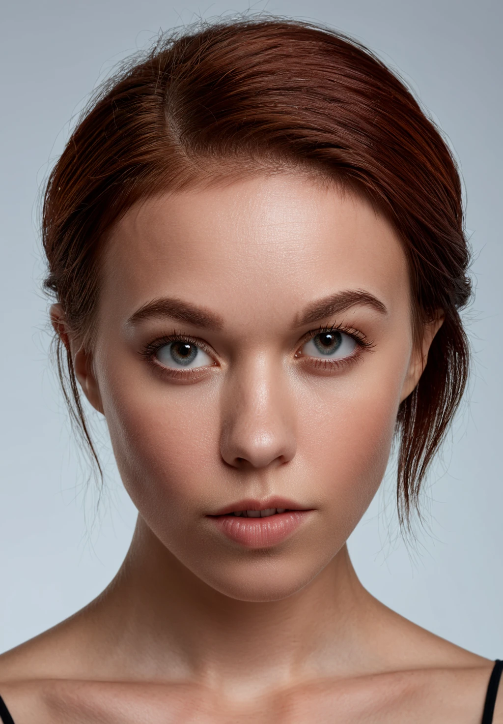 cinematic film still <lora:DollyLittle_SDXL_v2.0:1> 
phenomenal beauty fashion photo, 
((symmetrical headshot)), RAW, sharp, face focus, (skin pores: 0.05), straight lob cropped at chin (short hair: 0.7), ((ohwx woman)) hyper detailed, subsurface scattering, caustics, cinematic, against a seamless white backdrop, in a simple crew neck top, with elegant hand at side and penetrating direct gaze, taken with Nikon Z9 and 85mm f/1.8 lens by renowned headshot photographer Daniela Dana Reyes for versatility and commercial appeal. . shallow depth of field, vignette, highly detailed, high budget, bokeh, cinemascope, moody, epic, gorgeous, film grain, grainy