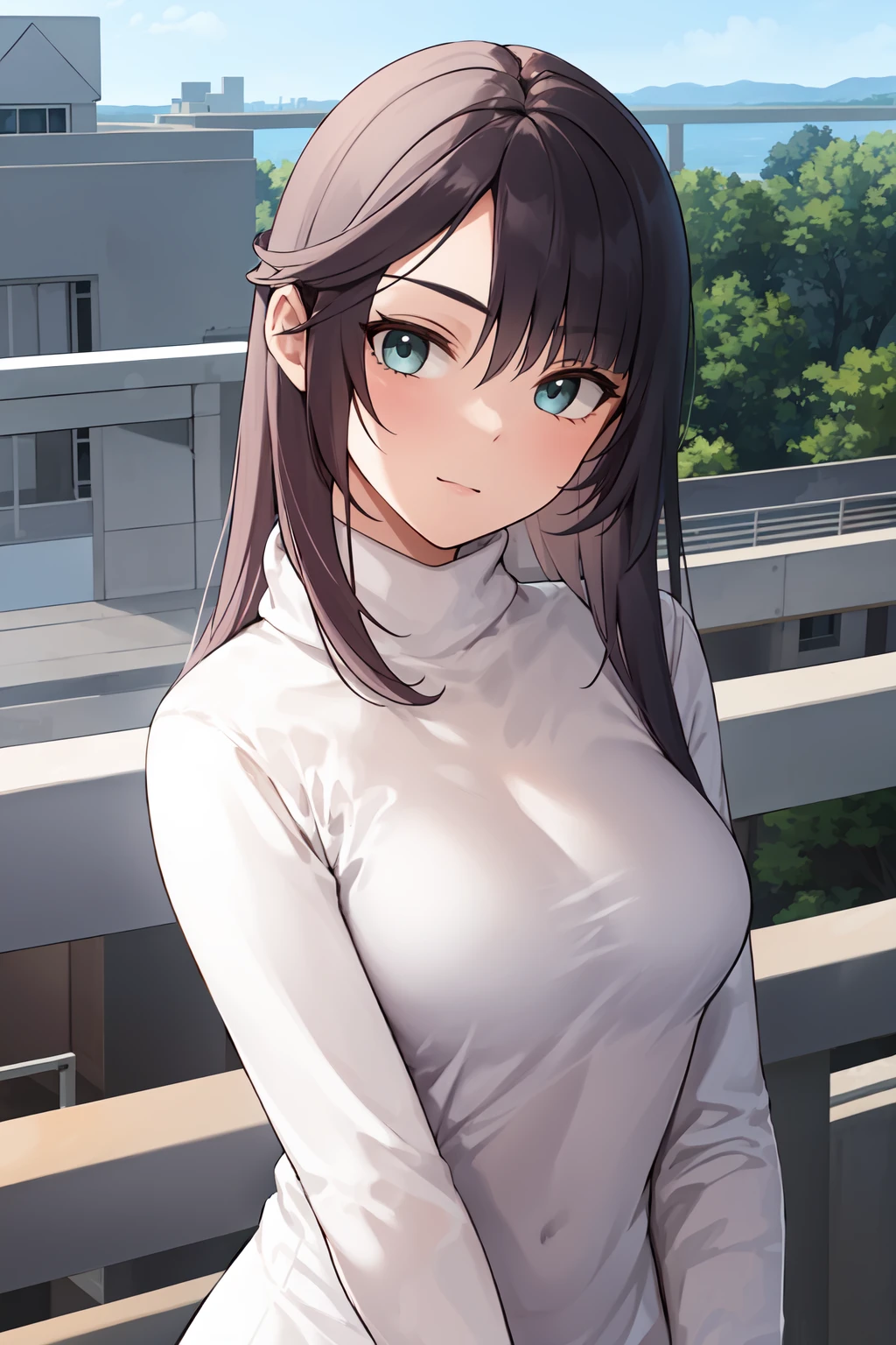 best quality, masterpiece, <lora:Monav3:0.7> Mona, (white sweater turtleneck,modest clothing:1.15), looking at viewer, upper body, balcony,