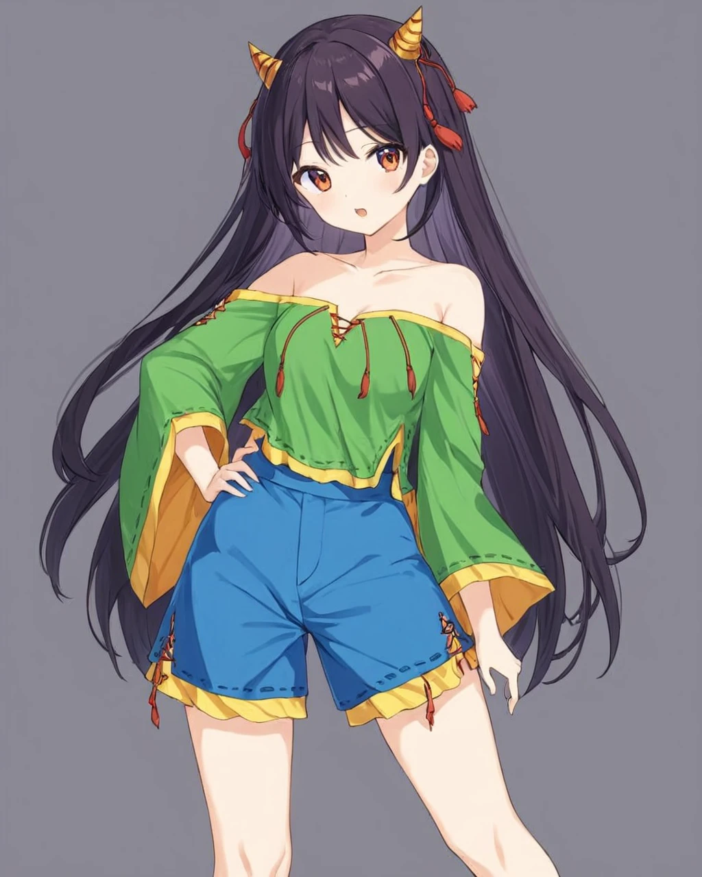 nippaku zanmu,1girl, solo, horns, holding, grey_background, skull, green_shirt, open_mouth, looking_at_viewer, hand_on_hip, simple_background, collarbone, ribbon_trim, wide_sleeves, :d, hand_up, off_shoulder, blue_shorts, bare_shoulders, cowboy_shot, standing
<lora:nippaku_zanmu_image235_2023-12-20:1>,star-shaped_pupils,symbol-shaped_pupils,. gorgeous,key visual, vibrant, studio anime,award-winning, professional, highly detailed,high budget, cinemascope