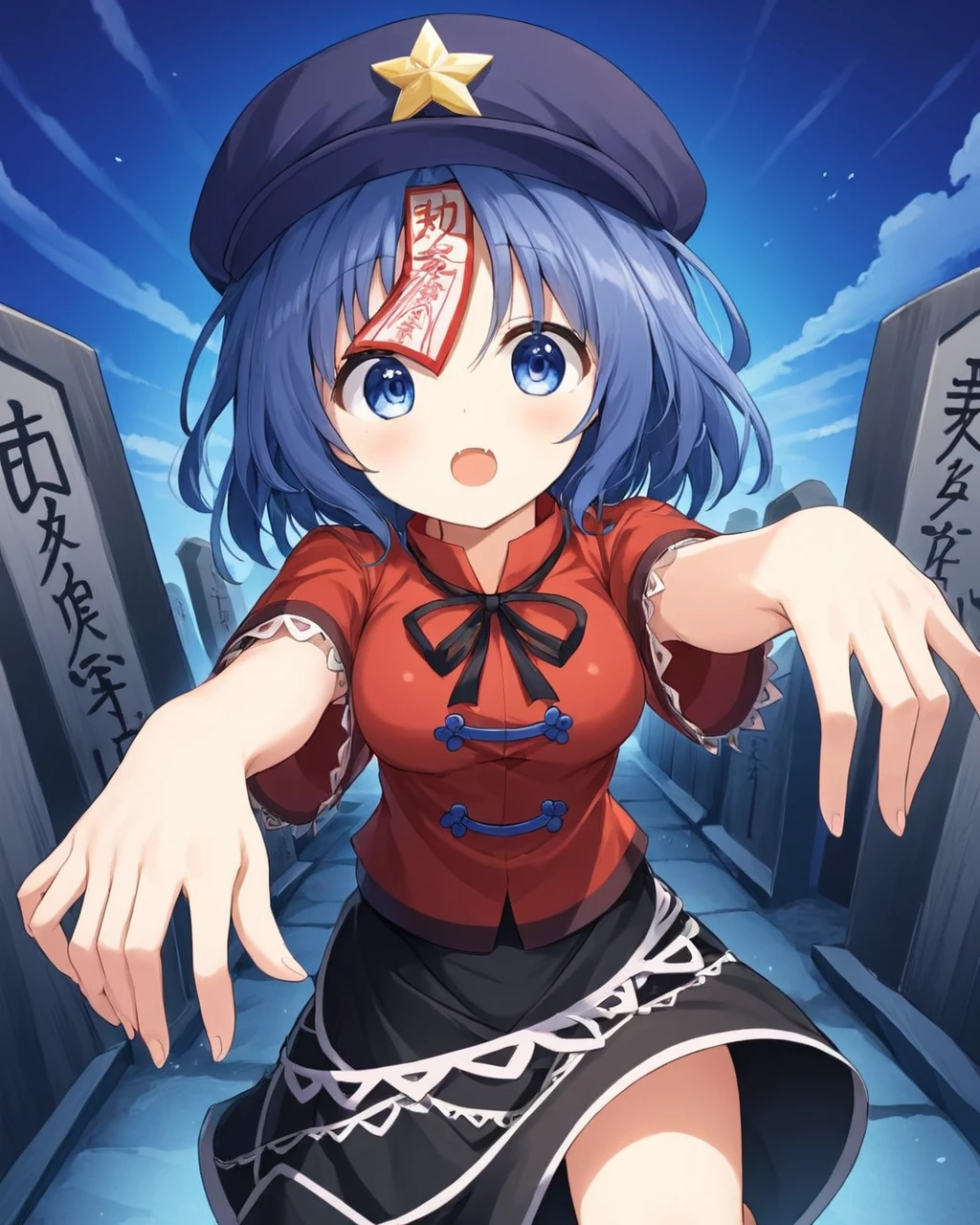 miyako yoshika,1girl, solo, open_mouth, red_shirt, star_\(symbol\), jiangshi, neck_ribbon, black_ribbon, star_hat_ornament, cabbie_hat, ofuda, short_sleeves, black_skirt, zombie_pose, looking_at_viewer, tangzhuang, lace-trimmed_sleeves, fangs, feet_out_of_frame, hitodama, breasts, graveyard, tombstone, cowboy_shot, :d
<lora:miyako_yoshika_image2483_2023-12-20:1>,star-shaped_pupils,symbol-shaped_pupils,. gorgeous,key visual, vibrant, studio anime,award-winning, professional, highly detailed,high budget, cinemascope