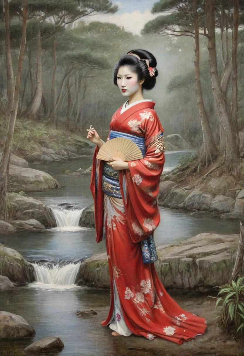 waterhouse painting of realistic detailed geisha holding a fan in left hand and cigarette at the right at the river in the forest