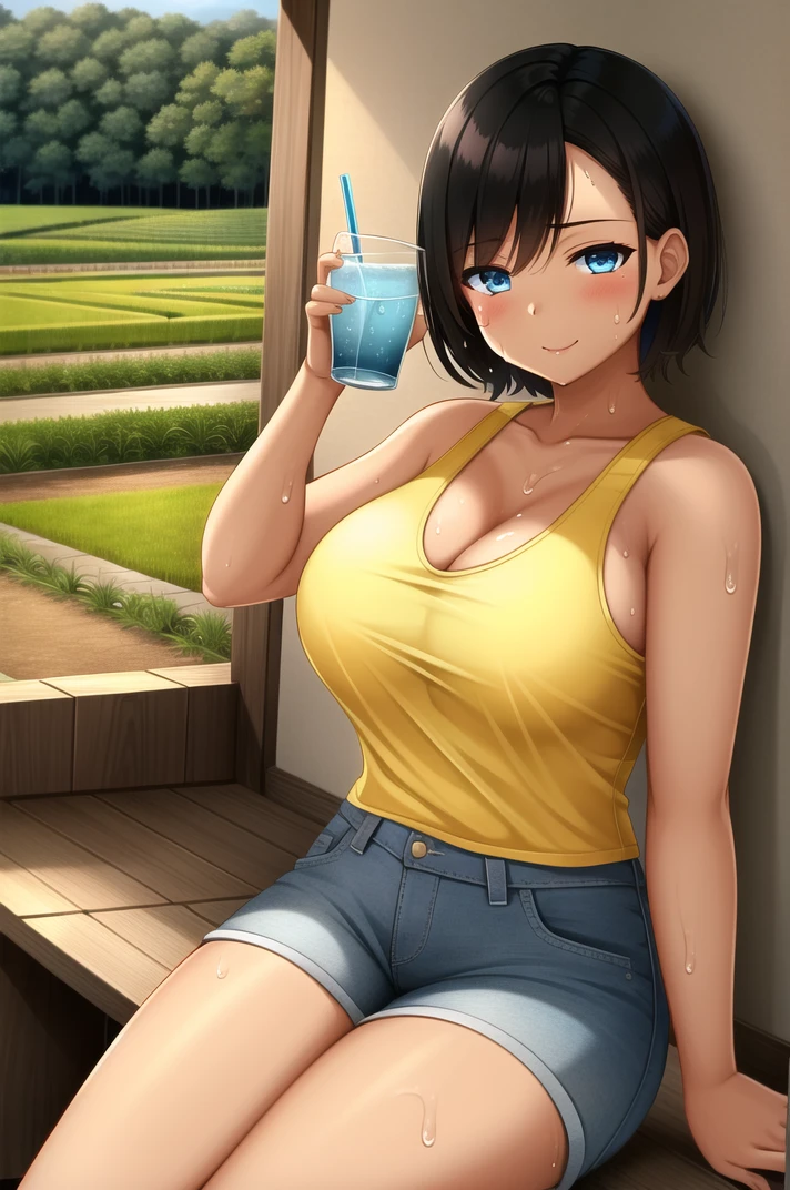 (masterpiece), high quality, (detailed background:1.3), 1girl, solo,
<lora:Summer-v2-07:0.8>, ChopioSummer, black hair, short hair, blue eyes, (dark-skinned female:1.2), (looking at viewer:1.3),
large breasts, plump,
outfit_1, (yellow tank top:1.3), denim shorts, shirt tucked in, short shorts, frayed clothes, 
porch, outdoors, shade, sunny, sitting, sunny, grass, glass of water, ice cube, water drop, condensation, sweat, sweatdrop, <lora:sweat_lotion_v2:0.2>, japanese countryside, rice field, seductive smile,