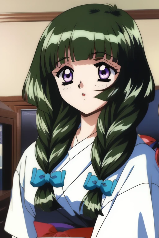 <lora:Kamiyama_Miko:1>,  KamiyamaMiko, green_hair, hair_over shoulder, bangs, long_hair,  purple_eyes, hair_bow, blunt_bangs, twin_braids, braid, 
home in the room.
masterpiece, high quality, very_high_resolution, large_filesize, full color,