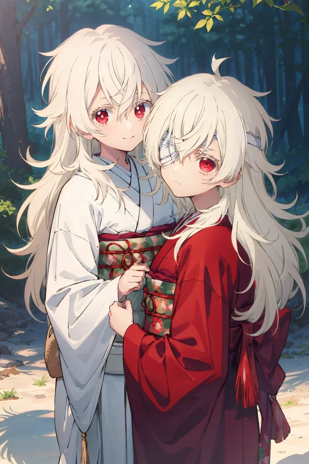 (2girls,:1.2),looking at viewer,<lora:haine-hiruko32-000013:0.45> forest, shadow,night,
BREAK
haine,white kimono,smile,hug from behind,
BREAK
hiruko,red kimono,bandage over one eye,bandaged head,frown,(angry:0.8)
