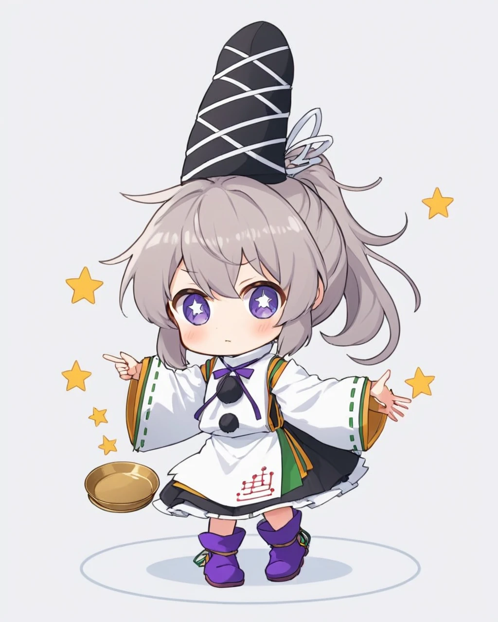 mononobe no futo,1girl, solo, pom_pom_\(clothes\), tate_eboshi, kariginu, skirt, purple_footwear, holding_plate, star_\(symbol\), full_body, chibi, ponytail, wide_sleeves, ribbon-trimmed_sleeves, ribbon, white_background, closed_mouth, long_sleeves, looking_at_viewer, boots, blush, simple_background, black_headwear
<lora:mononobe_no_futo_image4909_2023-12-20-000007:1>,star-shaped_pupils,symbol-shaped_pupils,. gorgeous,key visual, vibrant, studio anime,award-winning, professional, highly detailed,high budget, cinemascope
