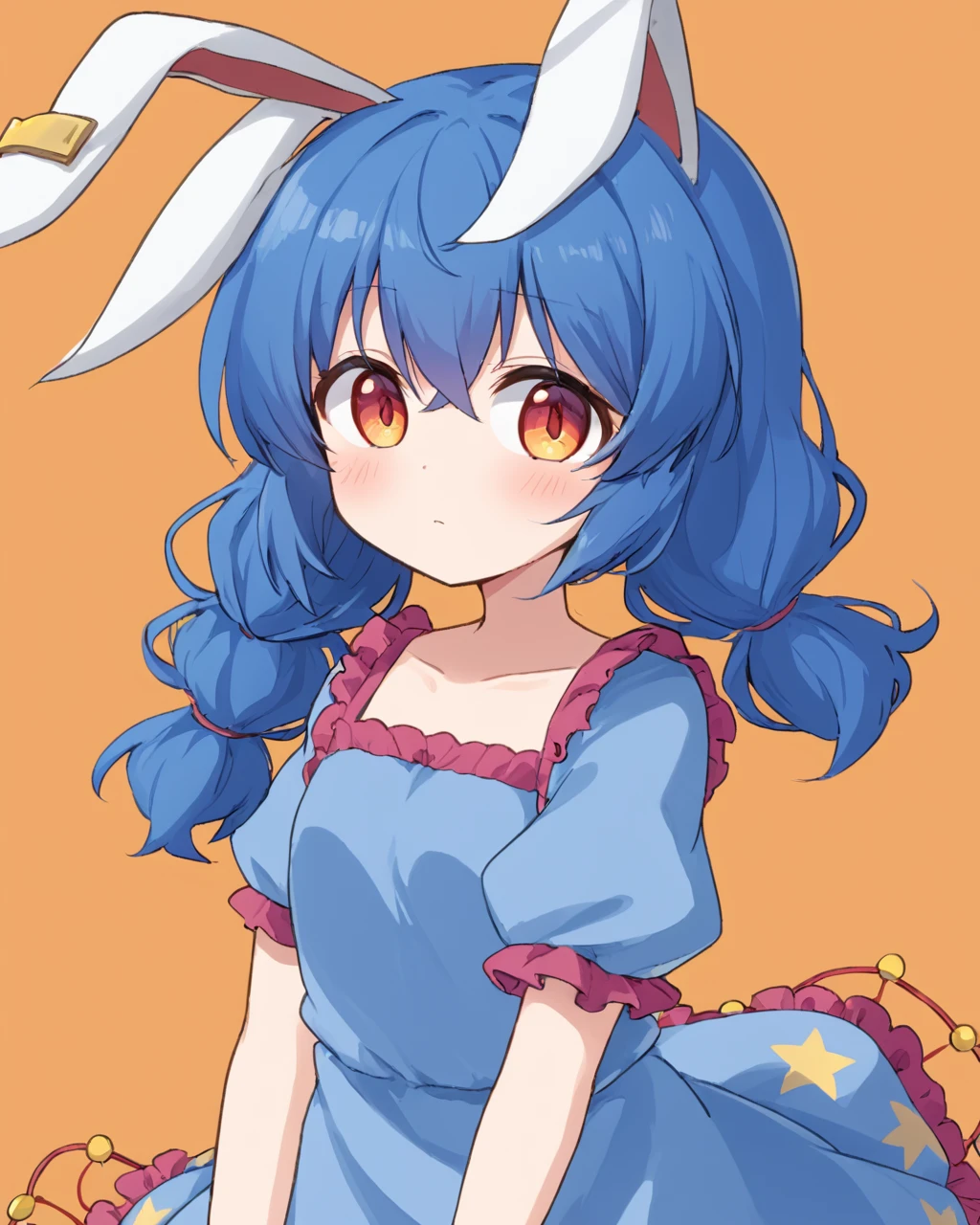 seiran \(touhou\),1girl, solo, spoken_squiggle, blue_dress, pout, blush, puffy_short_sleeves, low_twintails, orange_background, white_outline, :t, simple_background
<lora:seiran_(touhou)_image1670_2023-12-20-000010:1>,star-shaped_pupils,symbol-shaped_pupils,. gorgeous,key visual, vibrant, studio anime,award-winning, professional, highly detailed,high budget, cinemascope