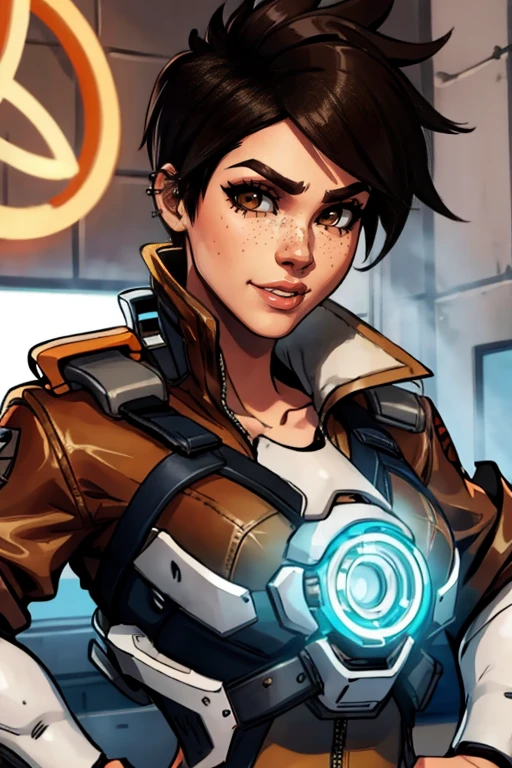 masterpiece,best quality,extreme detail,8k,image sharpness,<lora:Tracer-10:0.8>, Tracer2,1girl,solo,looking at viewer,smile,short hair,bangs,brown hair,brown eyes,jacket,upper body,parted lips,artist name,blurry,lips,bodysuit,piercing,spiked hair,ear piercing,freckles,brown jacket,nose,leather,harness,leather jacket,chest harness,bomber jacket,orange goggles,