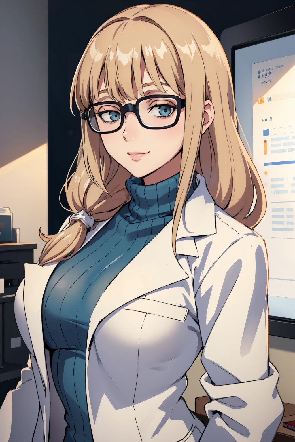 masterpiece, best quality, <lora:oleana-nvwls-v1-000010:0.9> pastOleana, medium hair, blunt bangs, tied hair, hair over shoulder, glasses, labcoat, blue turtleneck sweater, long sleeves, large breasts, upper body, looking at viewer, smile, tired, office