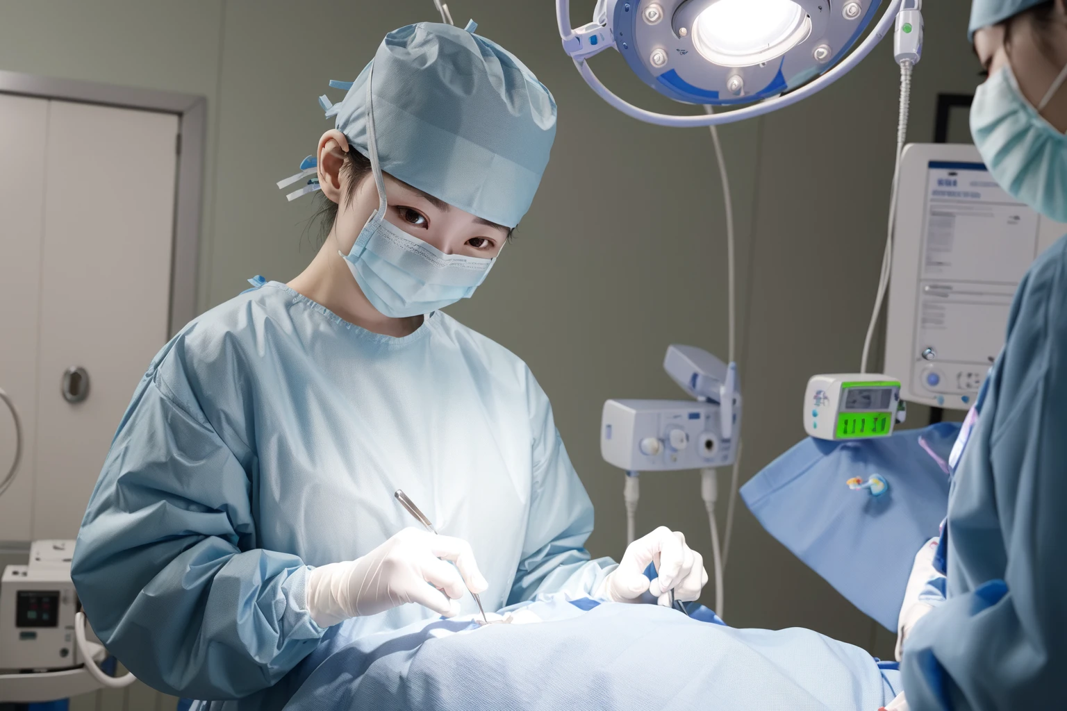 (RAW photo, best quality), 1girl, long sleeve surgical outfit, surgical mask,  surgical gloves, surgical cap,  operating room, overhead surgical light,
 <lora:ConceptClothingSurgicalOutfit1_1:1>