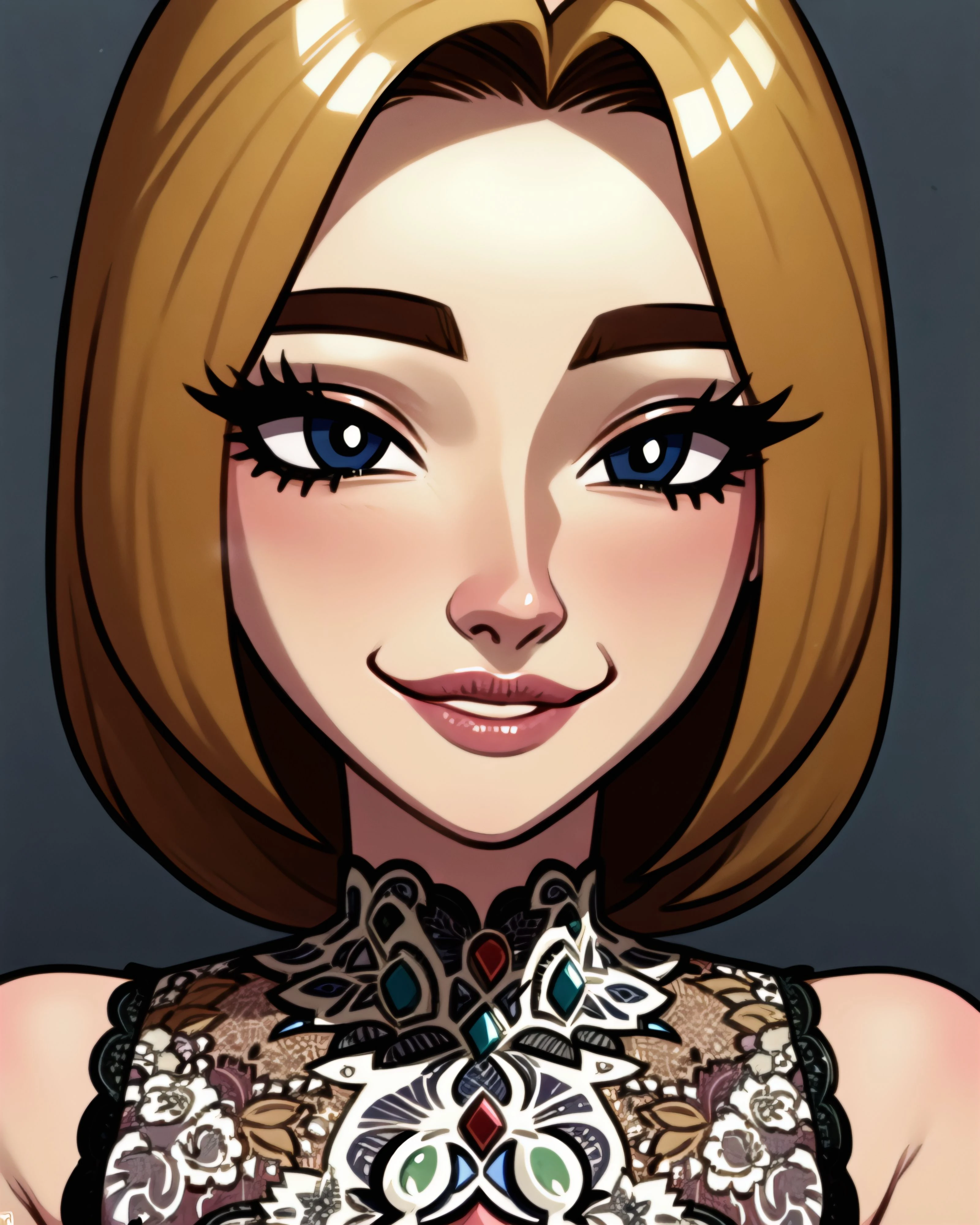 Masterpiece, best quality, extremely clear 8K wallpaper, high quality, solo, 1girl, minimalist, illustration, beautiful intricate eyes, shiny skin, naughty smile, naughty smile, nostalgia, lovely detailed, beautiful lace-trimmed high detailed eyes, beautiful detailed eyes, detailed eyelashes, perfect lighting, lighting masterpiece, perfect lighting, lighting masterpiece, <lora:cartoonAom-000028:1>