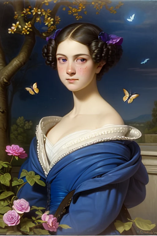 (Portrait), (medium shot:1.2), 19yo girl. Sitting at the table, outdoor terrace. 1800s girl's costume clothes. 
The scene is painted in oil in a romantic style, with shades of blue-violet, magenta and lilac enveloping the night garden in a magical atmosphere. The moonlight gently illuminates the tree and flowers, creating an ethereal and mysterious atmosphere. Moths flutter around the flowers, attracted by their sweet fragrance, while fireflies blink softly, he adds., Freckles, Hazel eyes, Oil painting, Romanticism style, ((Better Hands))