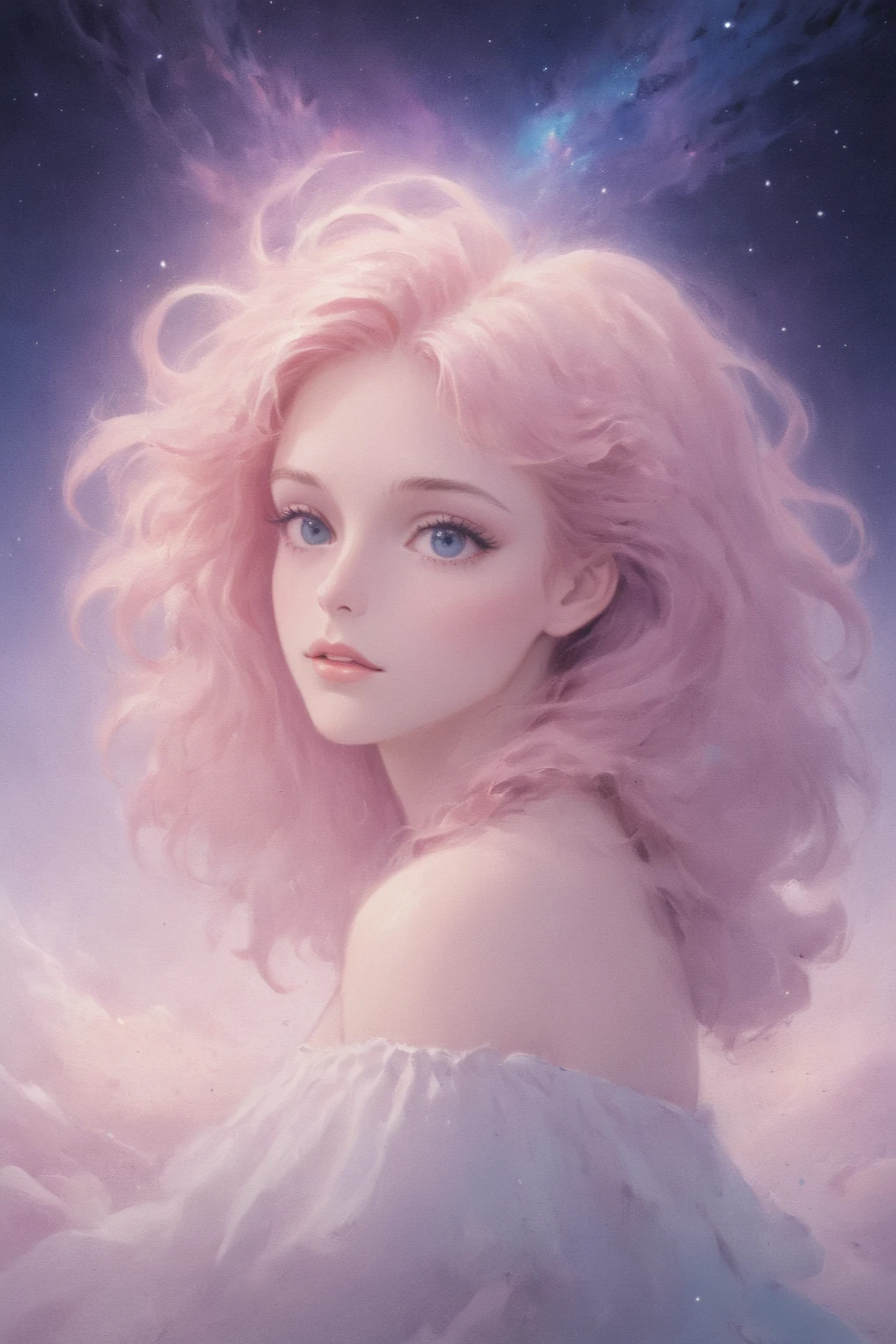 cosmic canvas, galaxy background, painting of a beautiful woman, Ruffle Top_, long messy hair, pastel pink hair, <lora:Cosmic_Canvas_SDXL:1>