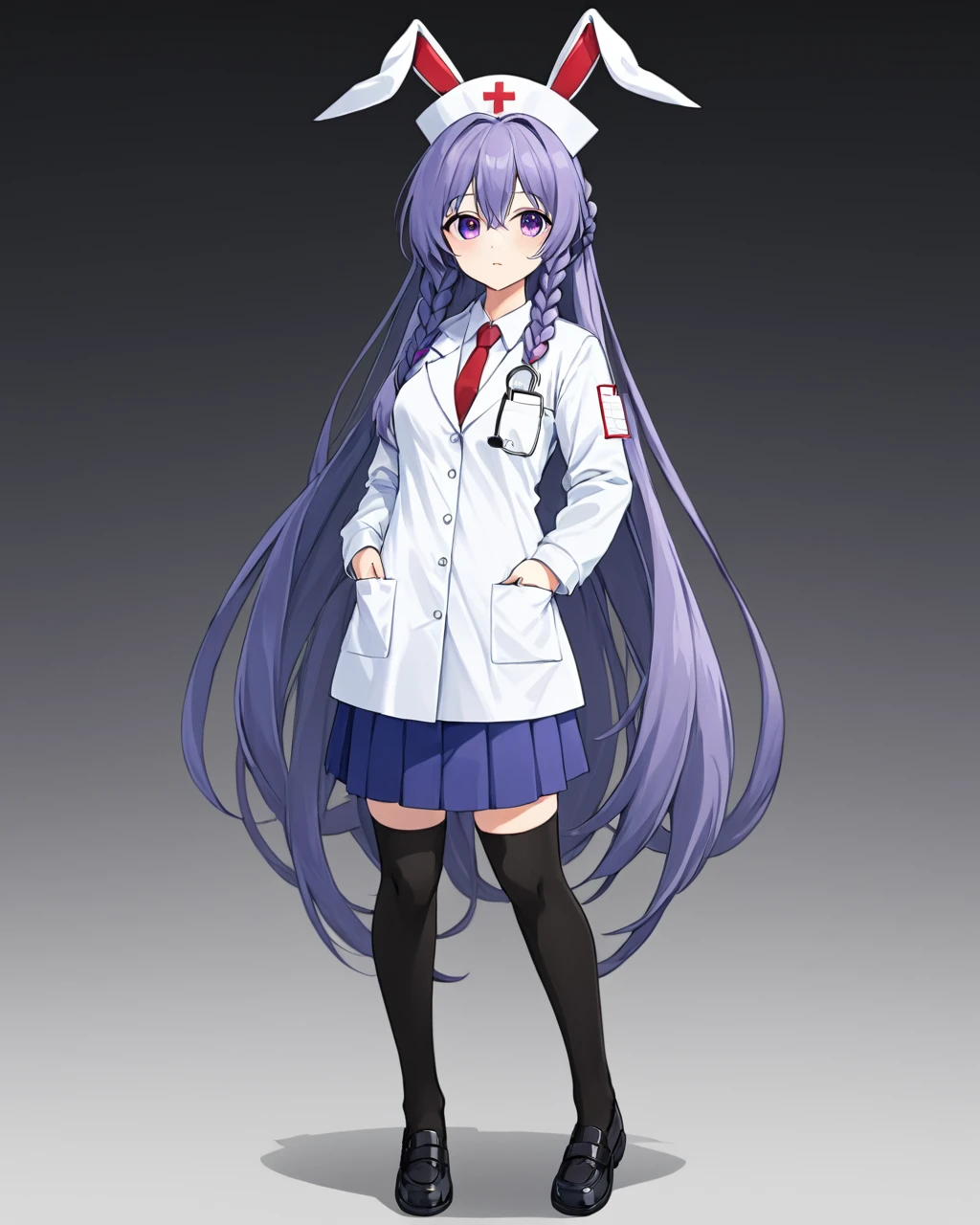 reisen udongein inaba,1girl, solo, red_necktie, labcoat, collared_shirt, black_thighhighs, white_shirt, hands_in_pockets, full_body, black_footwear, pleated_skirt, nurse_cap, buttons, shoes, pocket, id_card, blue_skirt, looking_at_viewer, red_cross, braid, standing, long_sleeves, coat, mouth_hold, purple_skirt, wing_collar, black_skirt, nurse, doctor, clipboard
<lora:reisen_udongein_inaba_image7606_2023-12-20-000006:1>,star-shaped_pupils,symbol-shaped_pupils,. gorgeous,key visual, vibrant, studio anime,award-winning, professional, highly detailed,high budget, cinemascope