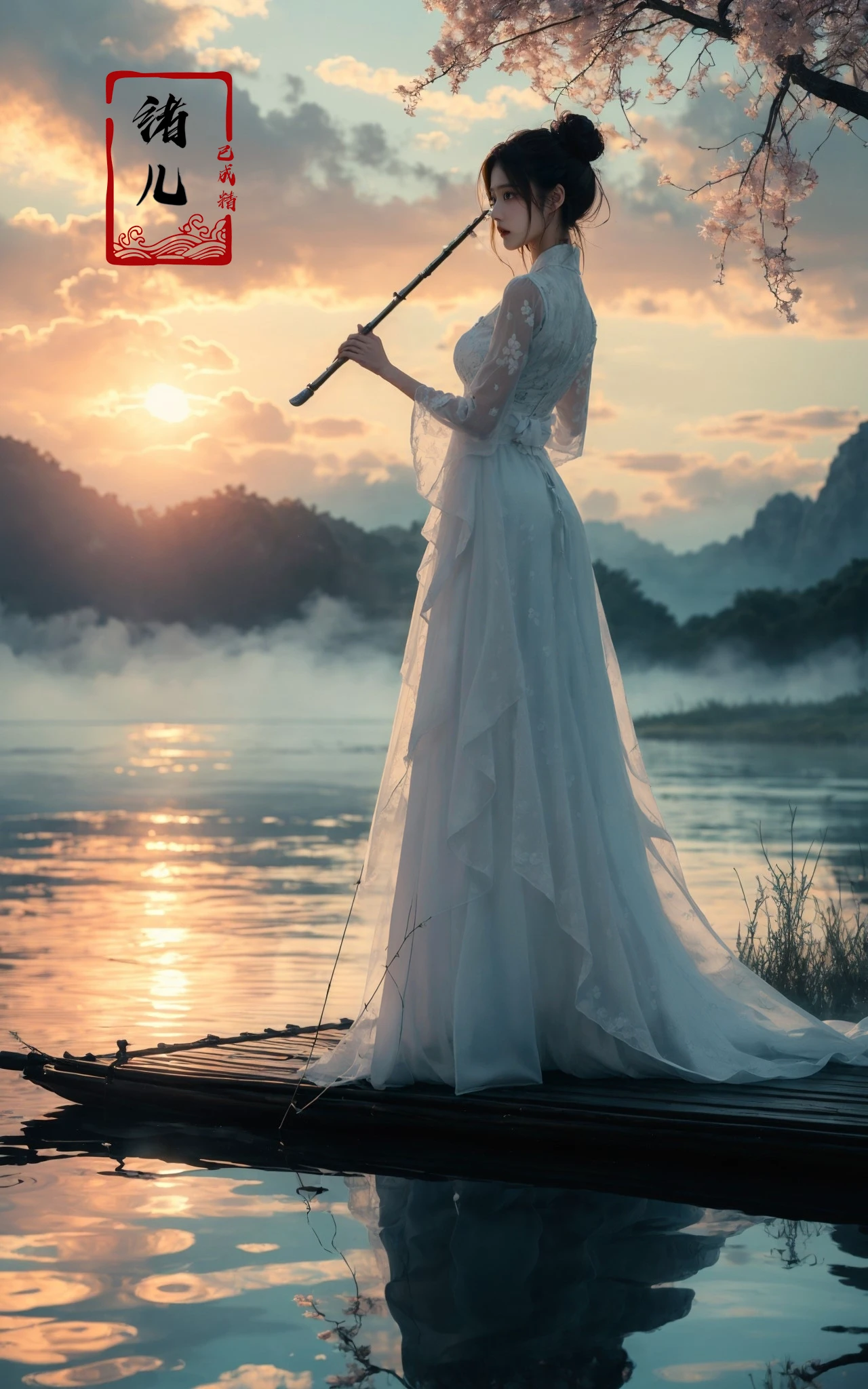 ((masterpiece))), (((best quality))), ((super detailed)), (highly detailed computer illustration), ((extremely delicate and beautiful)),cinematic light,
long raft with1girl, tree, solo, water, instrument, sitting, outdoors, black hair, chinese clothes, dress, white dress, hair bun, reflection, sky, scenery, holding, playing instrument, short hair, flute, ripples, branch, day
<lora:~Q?-z{O long raft with:0.7>