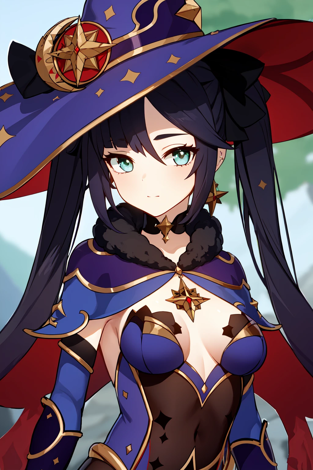best quality, masterpiece, <lora:Monav3:0.7> Mona, witch hat, bodystocking, detached sleeves, choker, hair ribbon, earring, capelet, looking at viewer, upper body, <lora:Genshin(Style):0.3>genshin,