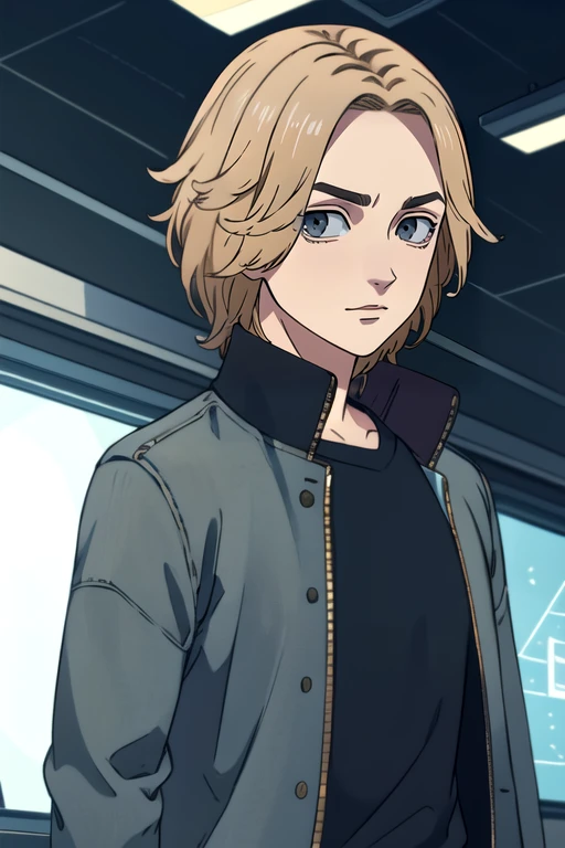 (best quality:1.1), (masterpiece:1.4), movie still, looking at viewer, upper body, , ligne claire, realistic, 1boy, solo, male focus, <lora:takuya_yamamoto:0.96>, takuya_yamamoto, blonde hair, grey eyes, , science fiction horror,