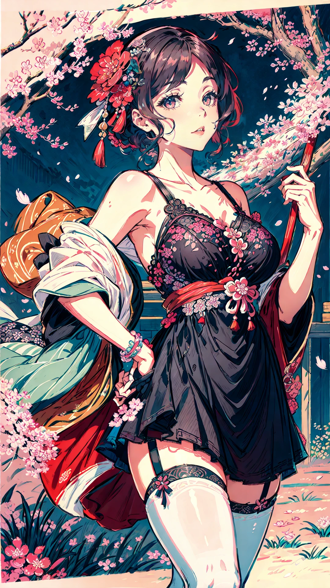 tutututu, breasts, medium breasts, see-through, underwear, lingerie, skirt,
black pantyhose,
(masterpiece:1.0), (best quality:1.0), ((highly intricate details)), Katsushika Hokusai-inspired illustration art, bustling urban scene with a woman in a dress, cherry blossom trees in full bloom, energetic and dynamic brushwork, lively and vivid color palette, a celebration of seasonal beauty and the joy of life, intricate details and patterns, a sense of movement and vitality, an homage to the everyday charm and vibrancy of Hokusai's artistic style, <lora:add_detail:0.55>
<lora:tutucs_v1:0.85>
