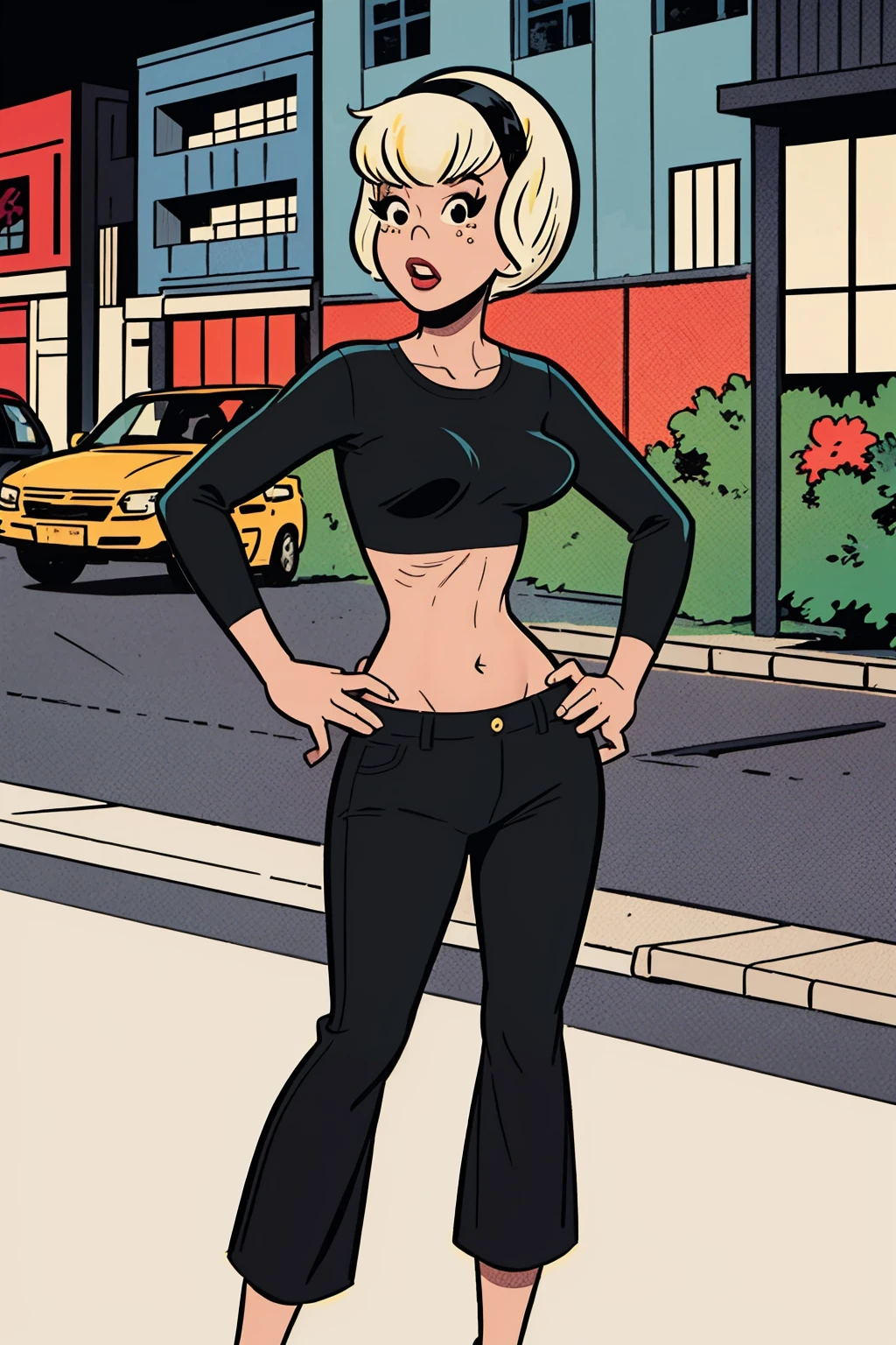 masterpiece, best quality, 1girl, sabrinattw, blonde hair, short hair, hairband, black eyes,  crop top, navel, black pants, hands on hips, looking at viewer, solo, street, buildings, tokyo street background <lora:SabrinaTTW:1>
