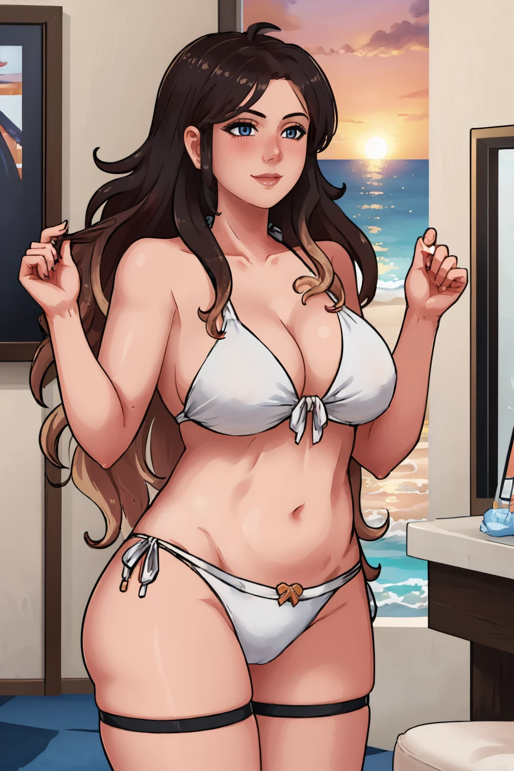 (masterpiece, best quality:1.2), <lora:housechores:1>, housechores, 1girl, solo, long hair, breasts, pasties, large breasts, red hair, blue eyes, swimsuit, bikini, topless, sunset, smile, navel, white bikini, side-tie bikini bottom, very long hair, ocean, blush, bikini bottom only