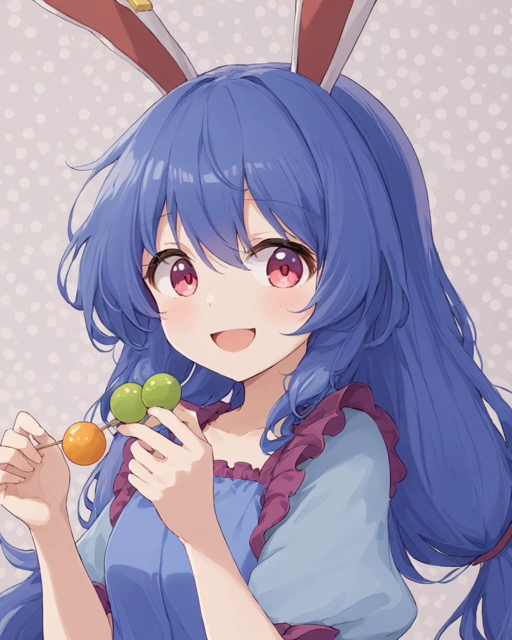 seiran \(touhou\),1girl, solo, open_mouth, dango, smile, looking_at_viewer, holding_food, upper_body, cloud, polka_dot_background, white_pupils, upper_teeth_only, star_\(symbol\), blue_dress
<lora:seiran_(touhou)_image1670_2023-12-20-000010:1>,star-shaped_pupils,symbol-shaped_pupils,. gorgeous,key visual, vibrant, studio anime,award-winning, professional, highly detailed,high budget, cinemascope