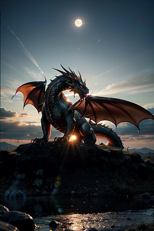 Ï BY HGHD, dynamic photograph (((Dragon))) scales are made from emerald ruby diamond sapphire, radiating light, amidst brilliance, symmetrical, hyperdetailed texture, perfect composition, masterpiece, glittering professional photography, macro, natural lighting, canon lens, shot on dslr 64 megapixels sharp focus, ethereal, Ambiant light from the moon low in the sky, outdoor , set against a ( medieval battlefieldl1.4), skyrim style landscape, Smoke fills the air, billowing skyward, dramatic light filters through, caustic reflection, acid rain, hi-res, digital photography , RTX