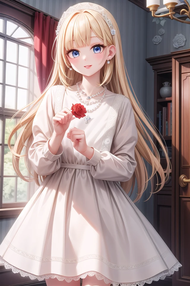 insanely detailed, absurdres, ultra-highres, ultra-detailed, best quality,
1girl, solo, nice hands, perfect hands,
BREAK
(dress, eyelashes, jewelry, lace trimmed dress, lace trim, lips, necklace, pearl necklace, red lips, white dress:1.3)
BREAK
happy smile, laugh, closed mouth, standing,
,
cute pose, cowboy shot, looking at viewer
BREAK
slender, kawaii, perfect symmetrical face, ultra cute girl, ultra cute face, ultra detailed eyes, ultra detailed hair, ultra cute, ultra beautiful,
BREAK
in hotel room
BREAK
large breasts, blonde long hair, bangs, (cleavage:-1.5)