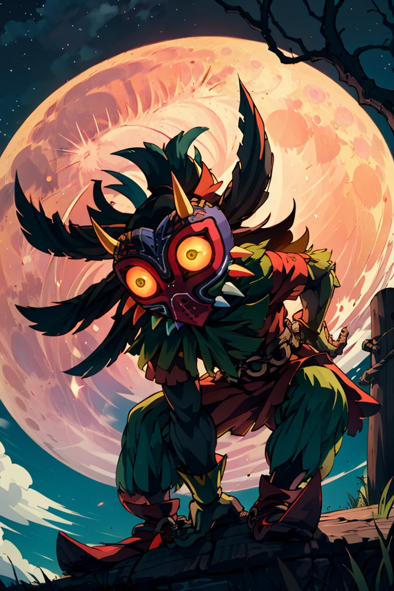 ((masterpiece,best quality)), absurdres,
<lora:Majora_Zelda:0.8>, Majora_Zelda, solo, 1boy, mask, horns, glowing eyes,
looking at viewer, male focus, outdoors, sky, tree, no humans, night, moon, night sky, full moon