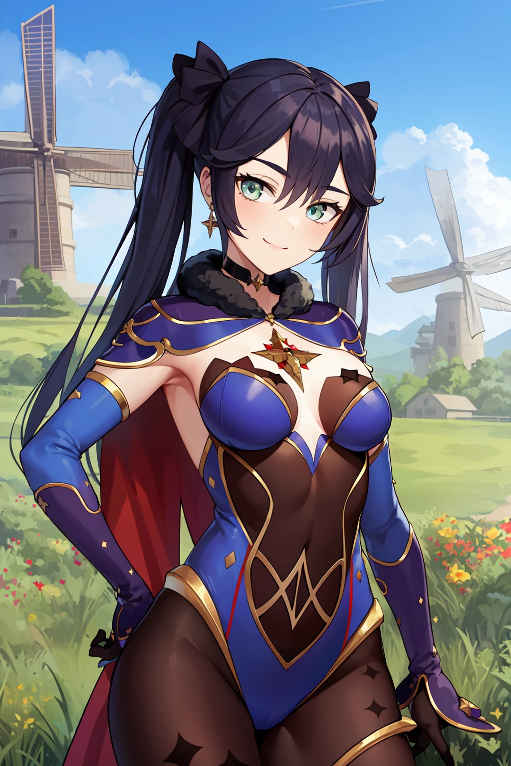 best quality, masterpiece, <lora:Monav3:0.7> Mona, bodystocking, choker, hair ribbon, capelet, detached sleeves, earring, looking at viewer, head tilt, hand on hip, light smile, cowboy shot,  windmill, field, flowers,