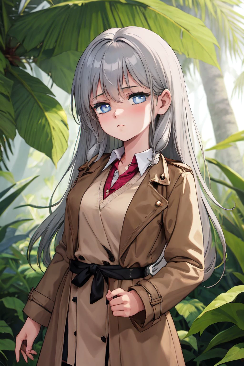 solo, 1girl, indifferent, grey hair, blue eyes, brown trench coat, layered hair, sunbeam, tropical dry forest, detailed background <lora:Toshiki_Hirano_style_v01:1>